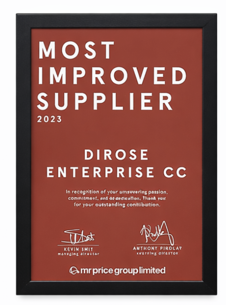 Most Improved Supplier 2023 award - Dirose Enterprise CC