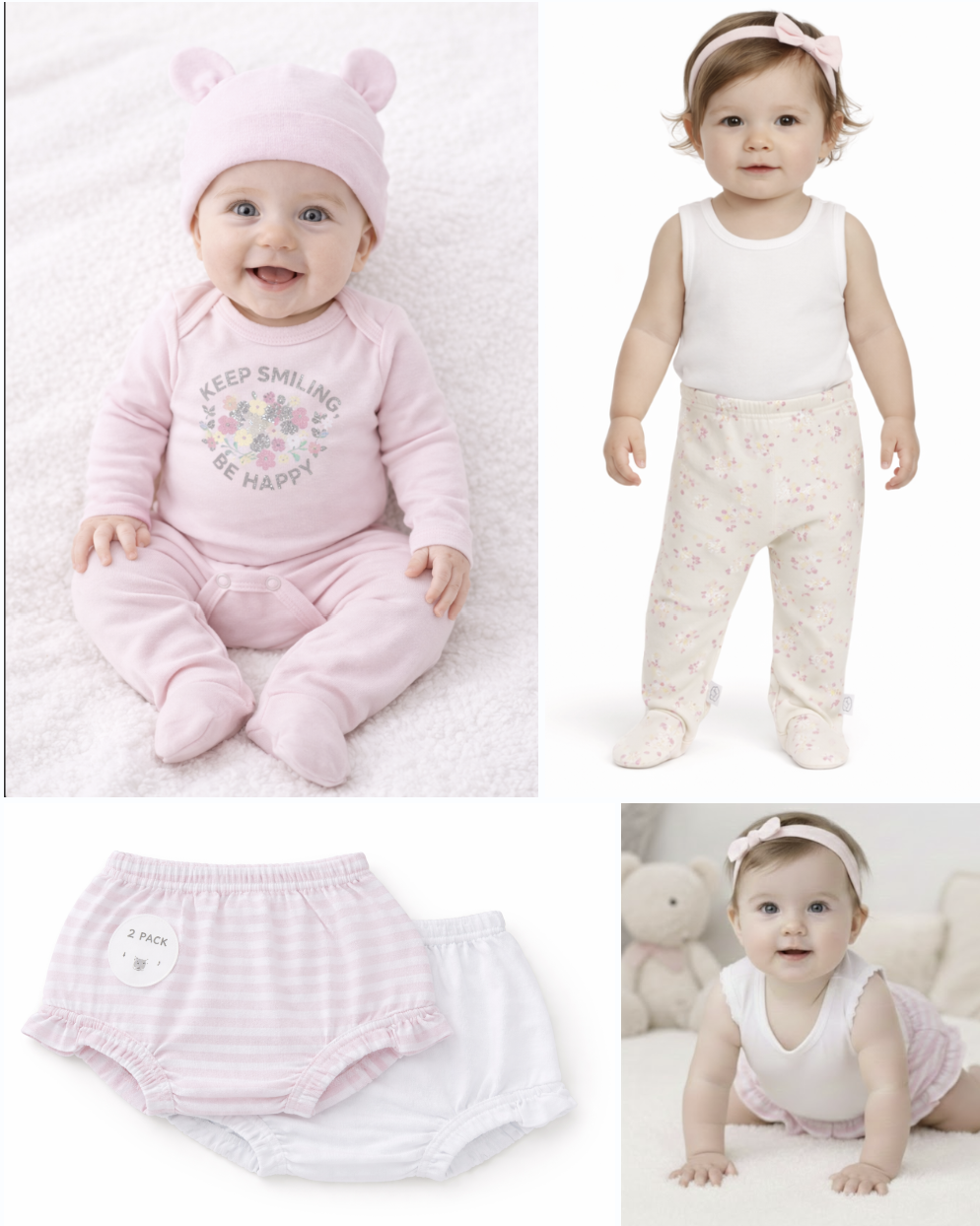 Baby wearing pink bear beanie and floral onesie